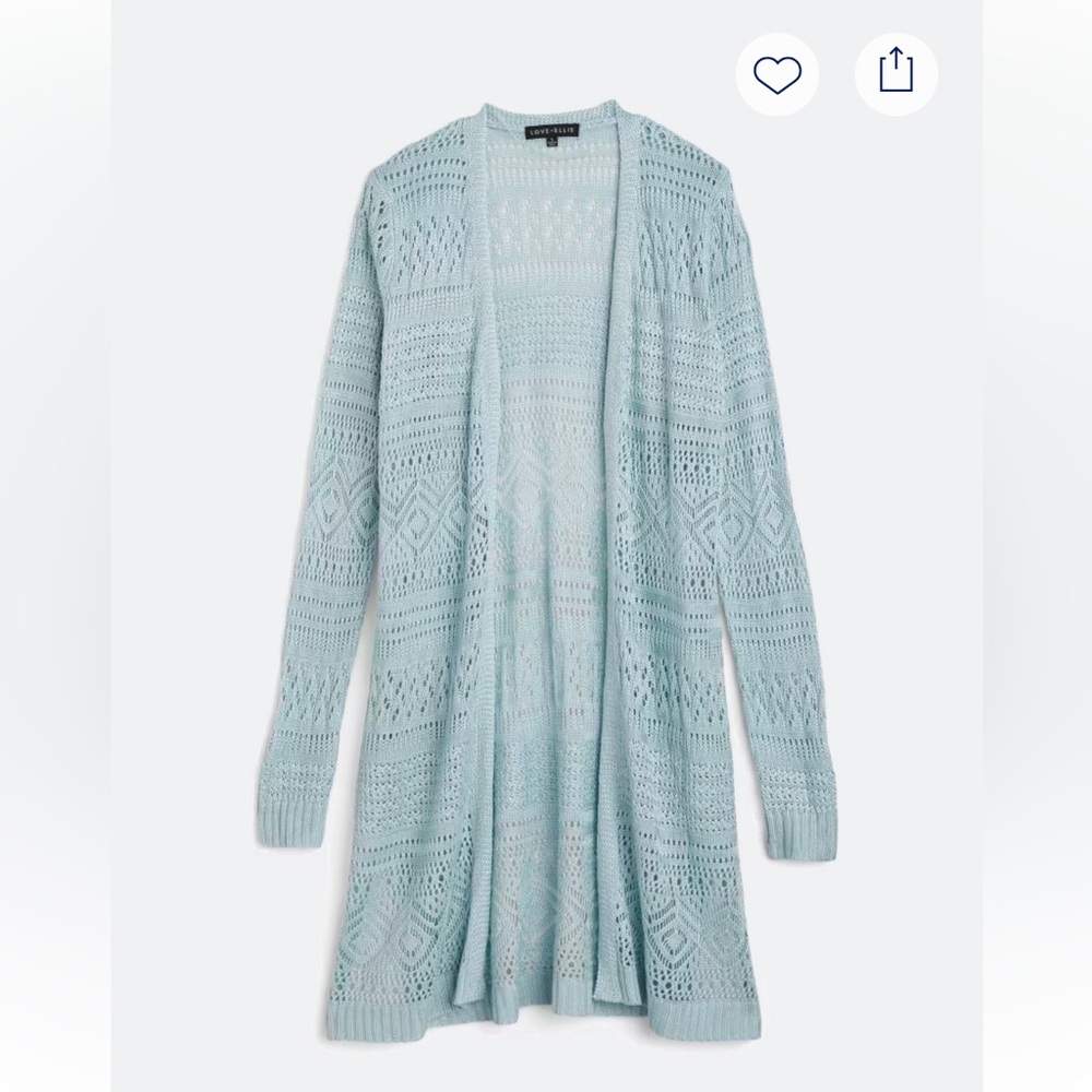NWT Love Ellie. Kindley Pointelle, Light Blue Open Knit Cardigan. XL.